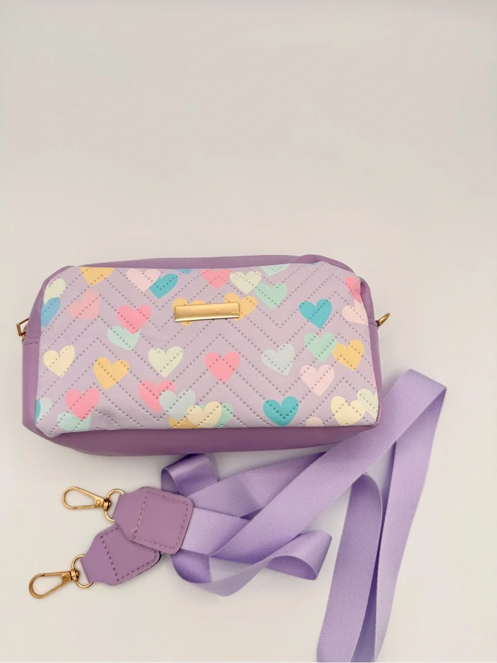 Lavender Cosmetic Bag with Multicolor Heart Print and crossbody strap NEW